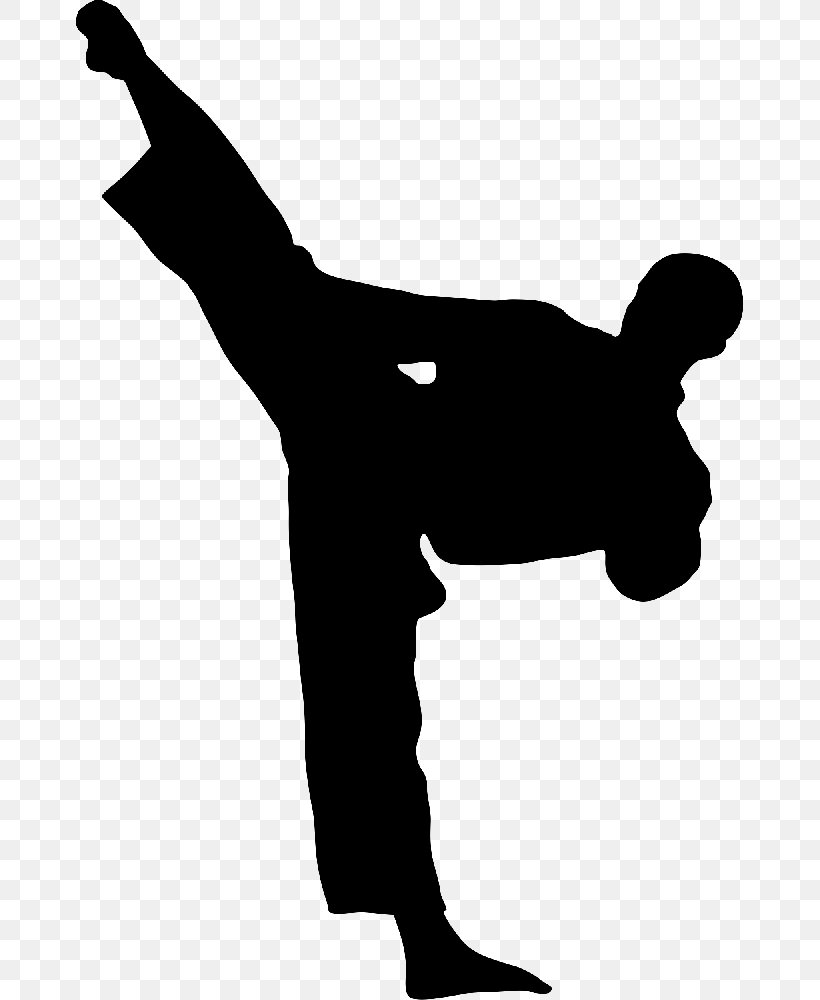 Karate Kick Martial Arts Taekwondo Clip Art, PNG, 668x1000px, Karate, Arm, Black And White, Black Belt, Flying Kick Download Free