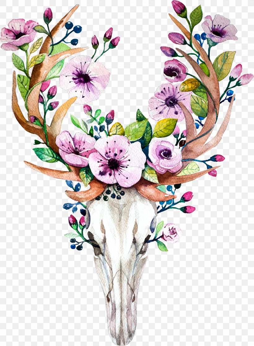 Watercolor Floral Background, PNG, 3241x4406px, Deer, Antler, Artist, Blossom, Bouquet Download Free