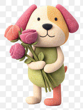 Cute Plush Dog Holding Flowers PNG