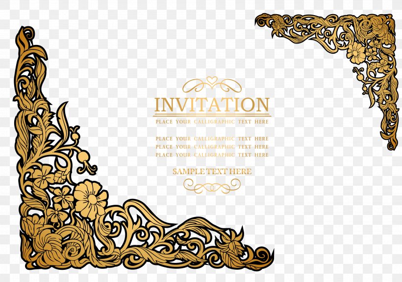 Wedding Invitation Paper Vintage Wallpaper, PNG, 3406x2397px, Wedding Invitation, Brand, Business Card, Decorative Arts, Gold Download Free