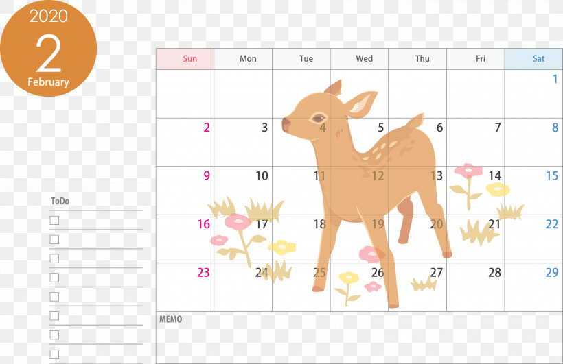 February 2020 Calendar February 2020 Printable Calendar 2020 Calendar, PNG, 3000x1943px, 2020 Calendar, February 2020 Calendar, Deer, Fawn, February 2020 Printable Calendar Download Free
