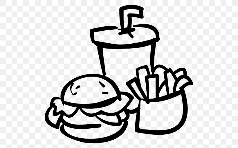 Hamburger Fast Food French Fries Fizzy Drinks Hot Dog, PNG, 512x512px, Hamburger, Artwork, Black And White, Burger King, Cookware And Bakeware Download Free