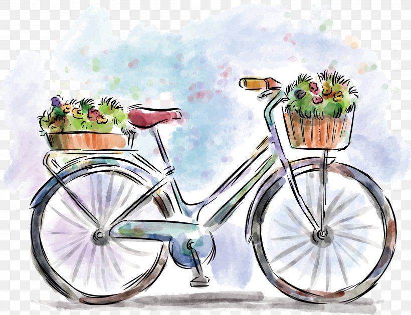 Watercolor Painting Bicycle Drawing Illustration, PNG, 2613x2006px, Watercolor Painting, Art, Bicycle, Bicycle Accessory, Bicycle Basket Download Free
