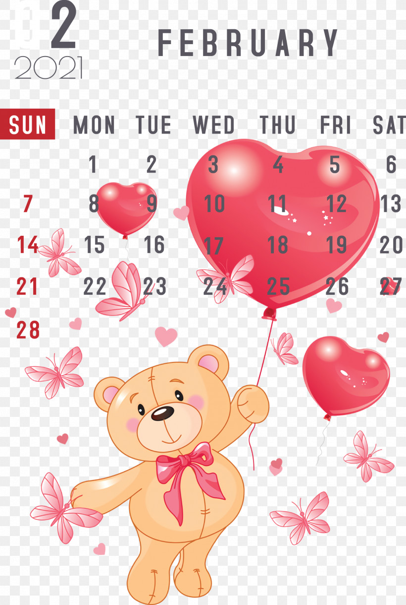 February 2021 Printable Calendar February Calendar 2021 Calendar, PNG, 2017x3000px, 2021 Calendar, Balloon, Bears, Birthday, Giant Panda Download Free