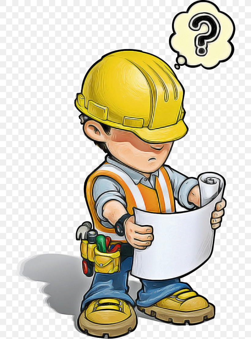 Construction Worker Cartoon Yellow Hard Hat Headgear, PNG, 718x1106px, Construction Worker, Cartoon, Hard Hat, Headgear, Personal Protective Equipment Download Free