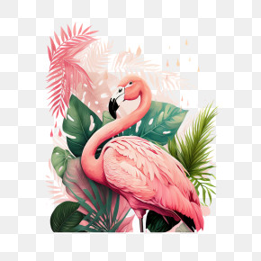 Pink Flamingo - Pink Flamingo With Tropical Leaves PNG