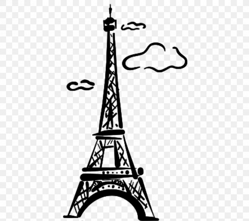 Eiffel Tower Drawing Wall Decal Cartoon, PNG, 900x800px, Eiffel Tower, Black And White, Cartoon, Decal, Drawing Download Free
