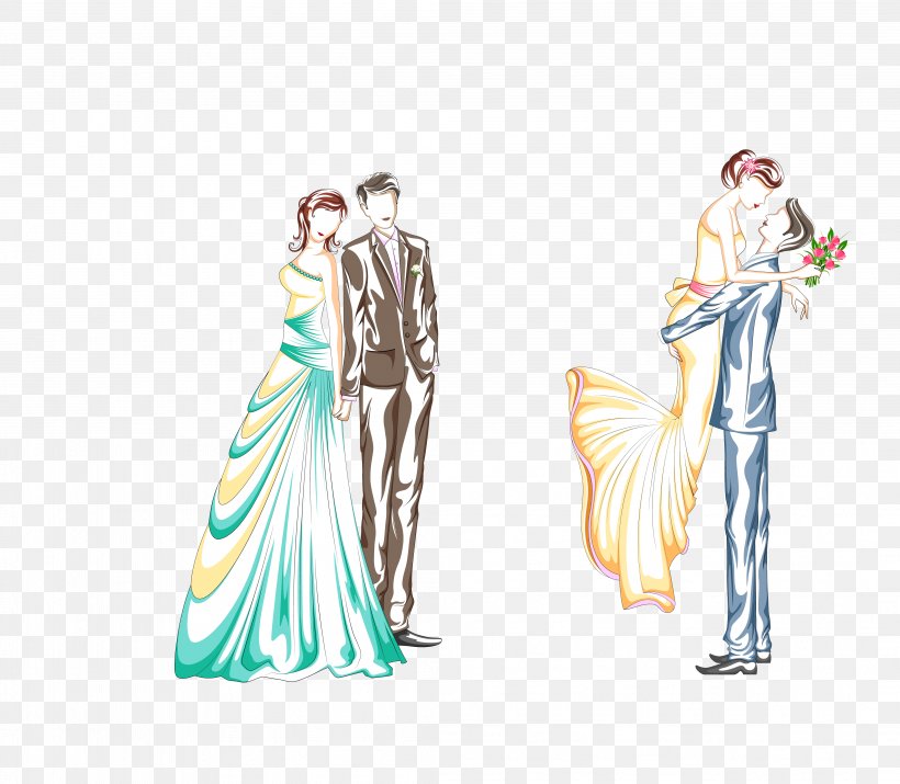 Vector Color Two Pairs Of New Wedding, PNG, 4193x3661px, Wedding Invitation, Art, Bride, Bridegroom, Clothing Download Free
