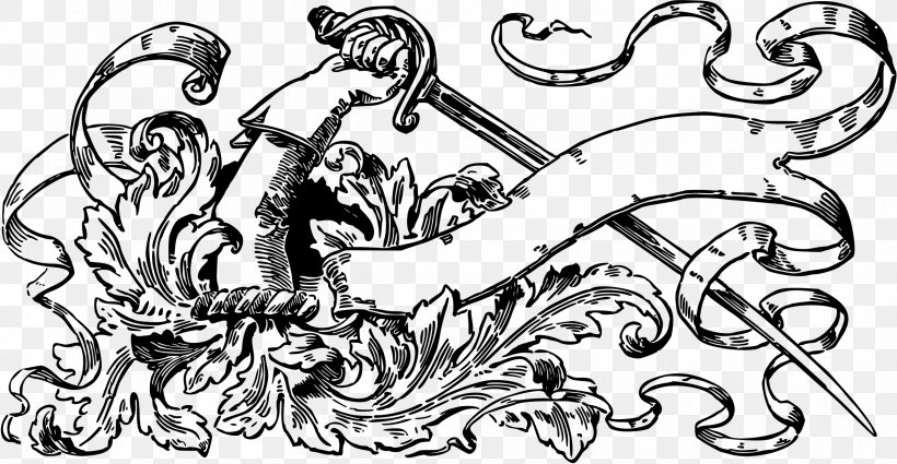 Black And White Banner Drawing Line Art, PNG, 2400x1244px, Black And White, Art, Artwork, Banner, Cartoon Download Free