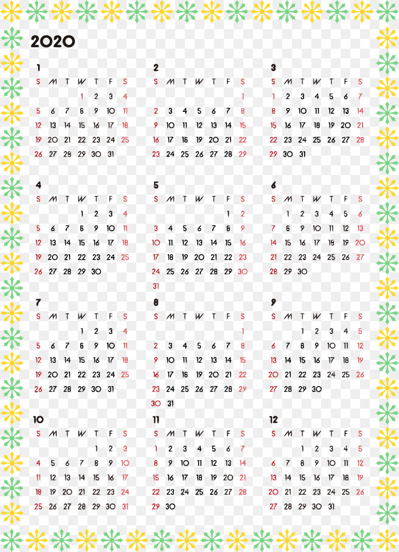 Calendar Text Green Yellow Font, PNG, 2166x3000px, 2020 Calendar, 2020 Yearly Calendar, Calendar, Green, Line Download Free