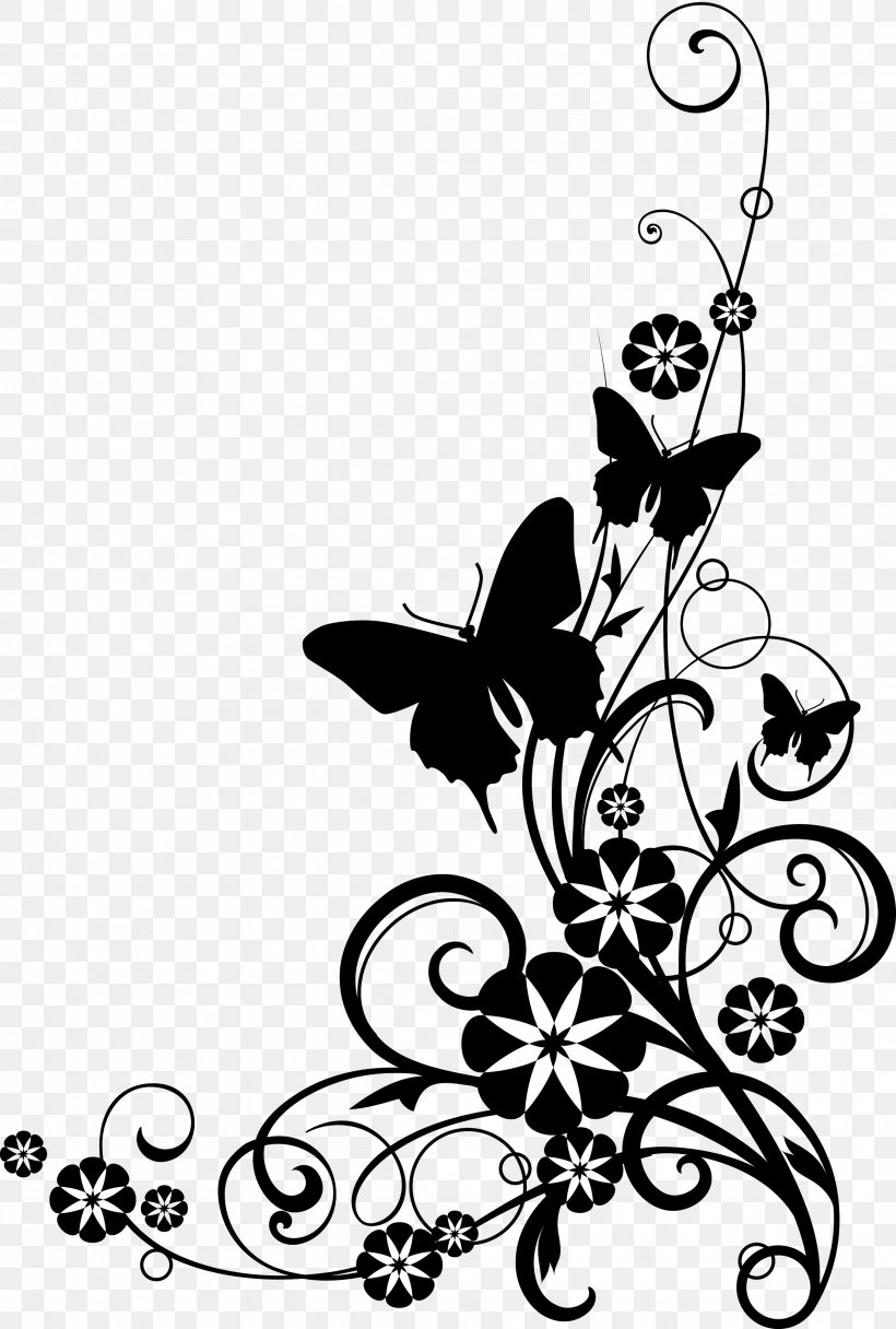 Flower Black And White Clip Art, PNG, 2225x3300px, Flower, Art, Black And White, Branch, Butterfly Download Free