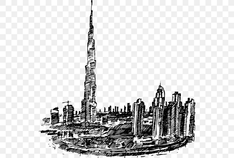 Dubai Skyline Drawing, PNG, 550x555px, Dubai, Black And White, Drawing, Illustrator, Landmark Download Free