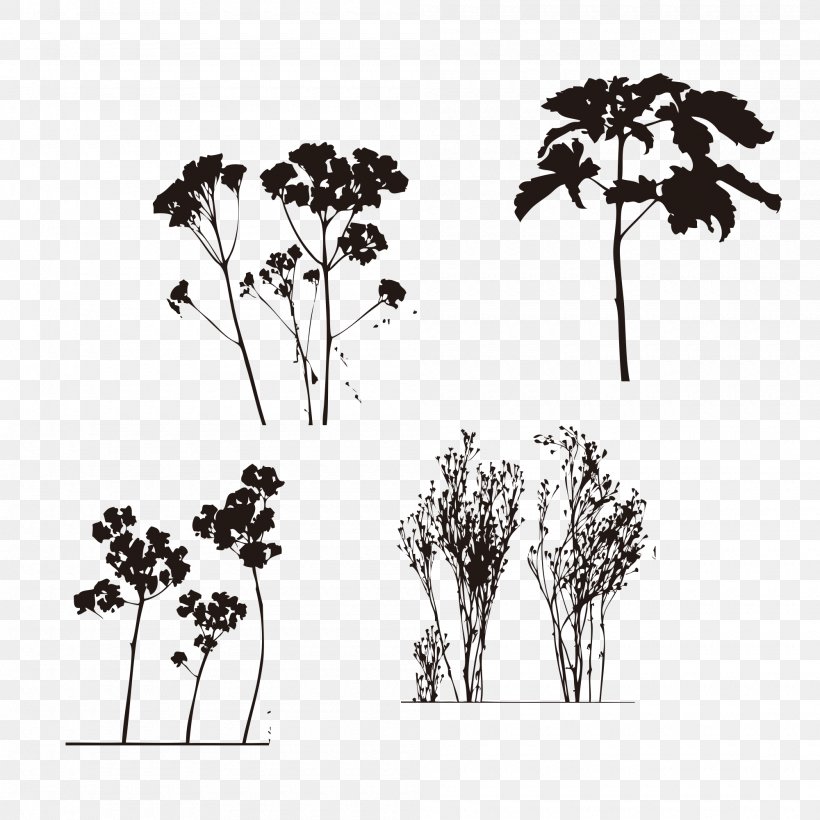 Silhouette Tree Download, PNG, 2000x2000px, Tree, Black And White, Branch, Flora, Floral Design Download Free