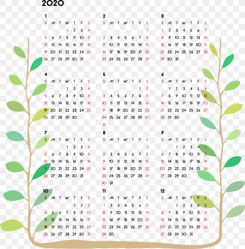 Green Text Leaf Font Pattern, PNG, 2951x3000px, 2020 Printable Calendar, Green, Leaf, Paint, Plant Download Free
