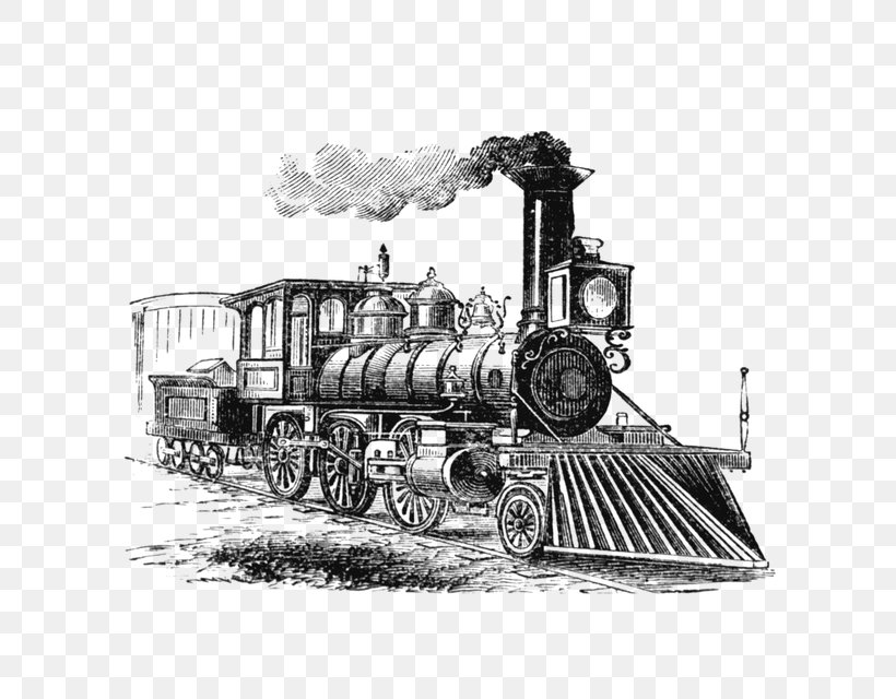 Train Rail Transport Steam Locomotive Drawing, PNG, 640x640px, Train, Black And White, Drawing, Locomotive, Motor Vehicle Download Free