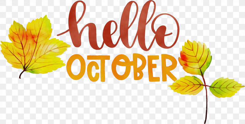 Leaf Cut Flowers Flower Font Yellow, PNG, 2294x1162px, Hello October, Autumn, Biology, Cut Flowers, Flower Download Free