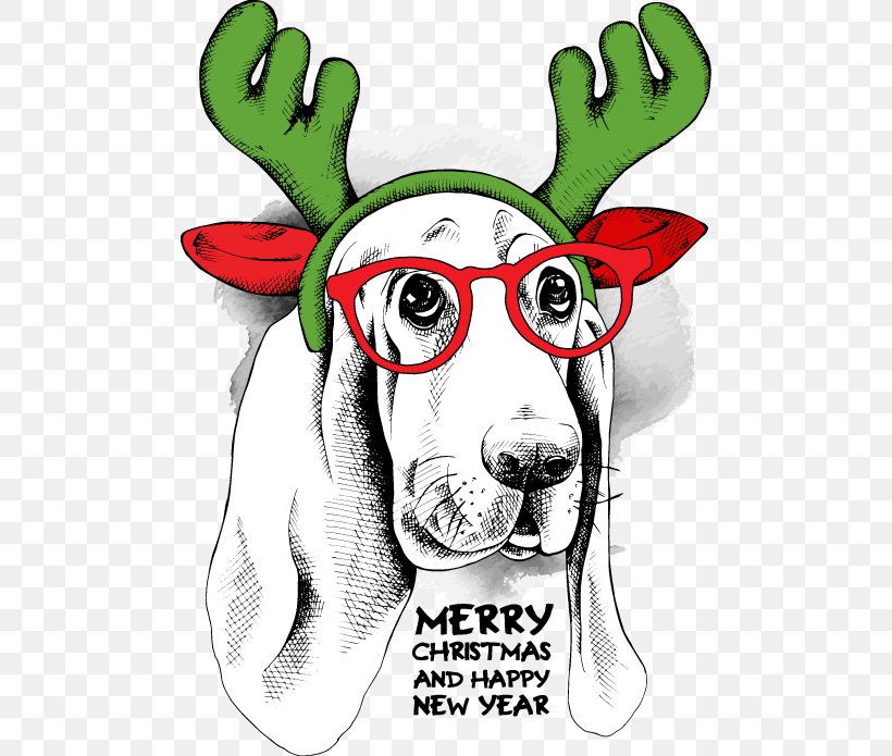 Basset Hound Santa Claus Reindeer Christmas, PNG, 488x695px, Basset Hound, Antler, Art, Christmas, Christmas Card Download Free