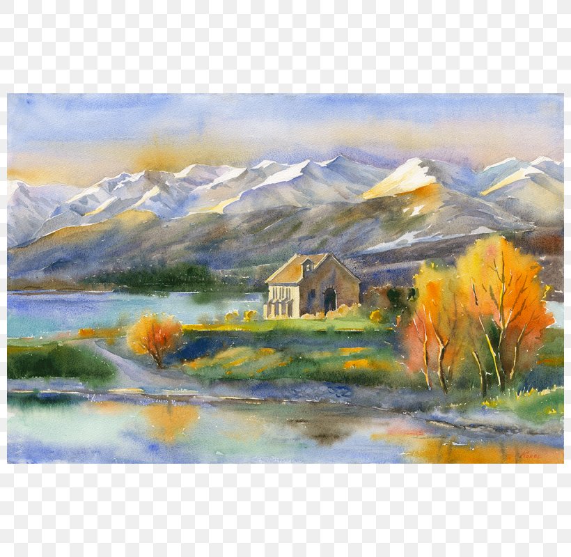 Watercolor Painting Lake Tekapo Church Of The Good Shepherd Landscape Painting, PNG, 800x800px, Painting, Abstract Art, Acrylic Paint, Art, Artist Download Free