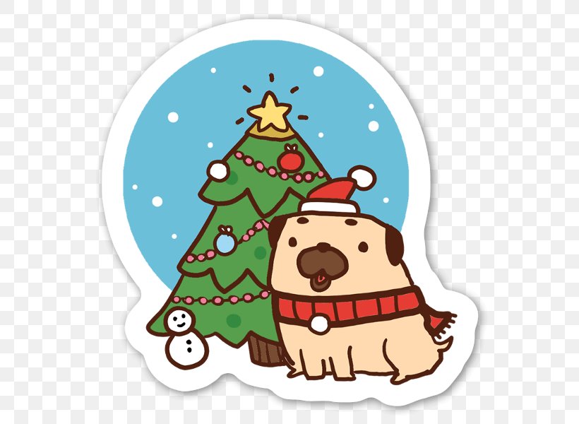 Christmas Tree Christmas Day Pug Sticker Yule, PNG, 586x600px, Christmas Tree, Animal, Cartoon, Character, Christmas Download Free