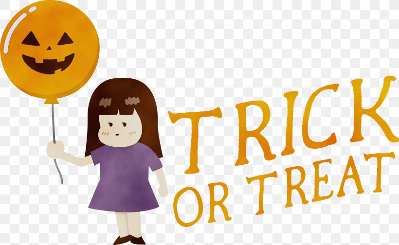 Logo Font Cartoon Happiness Behavior, PNG, 3000x1846px, Trick Or Treat, Behavior, Cartoon, Happiness, Human Download Free