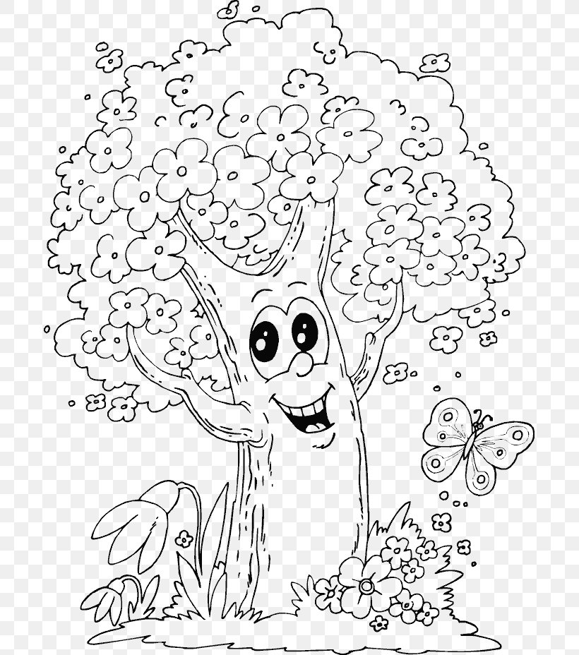 Coloring Book Tree Drawing Spring Pine, PNG, 695x928px, Watercolor, Cartoon, Flower, Frame, Heart Download Free