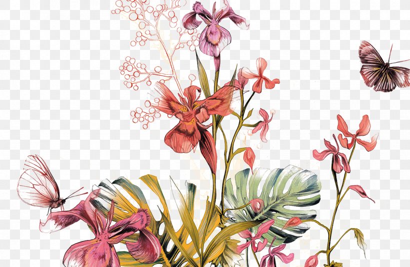 Floral Design Mural Illustration, PNG, 1200x783px, Floral Design, Art, Blossom, Branch, Butterfly Download Free