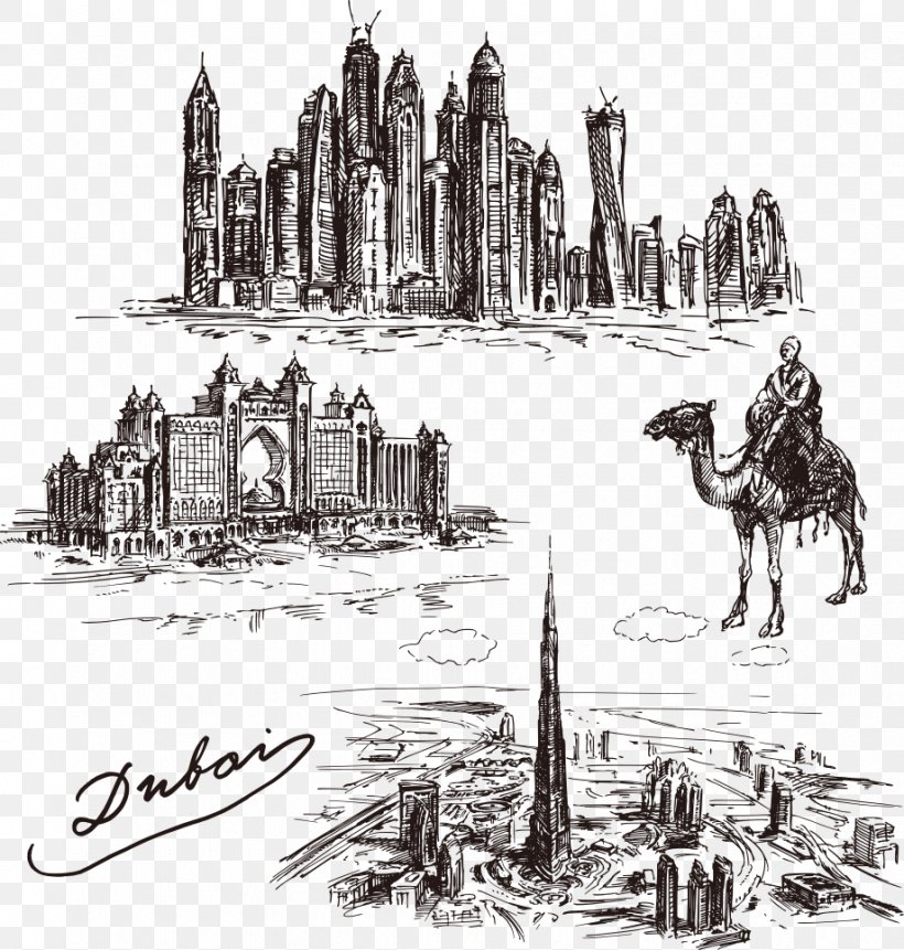 Dubai Drawing Skyline Illustration, PNG, 919x965px, Dubai, Art, Black And White, Drawing, History Download Free