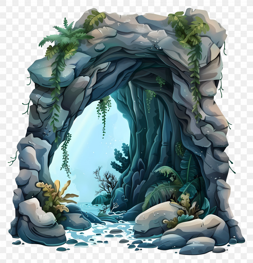 Sea Cave - Mysterious Rocky Cave With Greenery PNG
