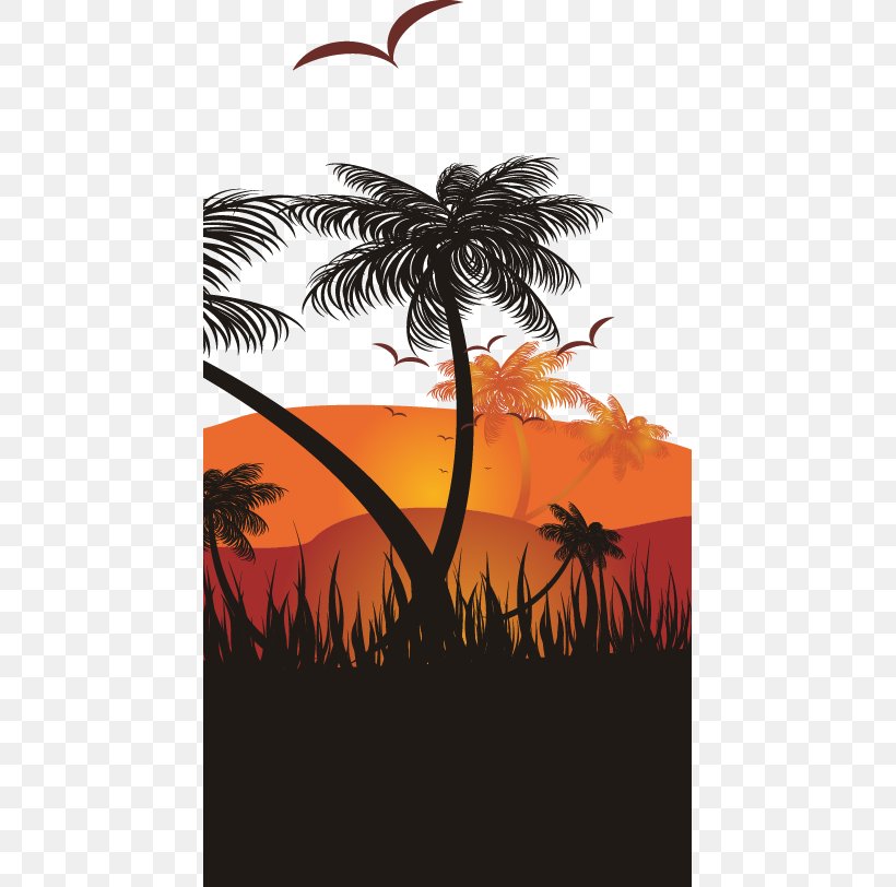 Sunset Graphic Design Illustration, PNG, 447x812px, Sunset, Arecales, Art, Borassus Flabellifer, Coconut Download Free
