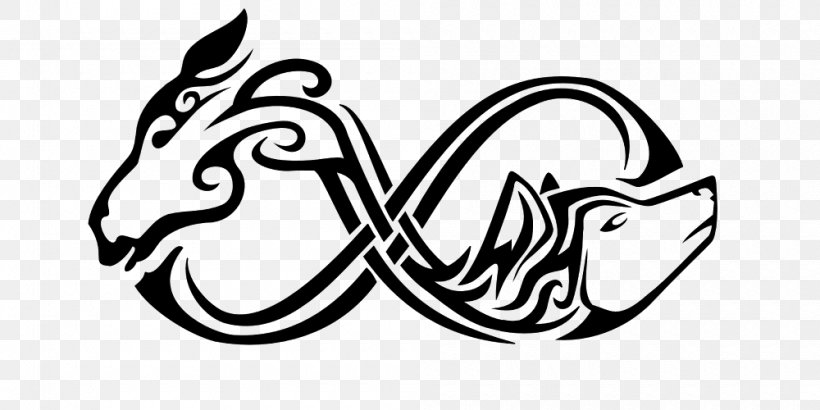 Gray Wolf Tattoo Tiger Horse Infinity Symbol Clip Art, PNG, 1000x500px, Gray Wolf, Art, Black, Black And White, Cartoon Download Free