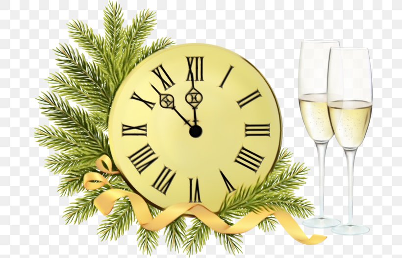 New Year, PNG, 700x527px, Watercolor, Branch, Christmas Eve, Clock, Fir Download Free