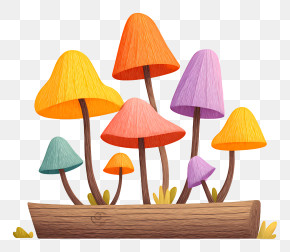 Colorful Mushrooms On Wooden Log - Vibrant Mushrooms On A Log PNG