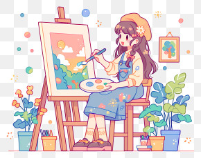 Cute Girl Painting At Easel PNG