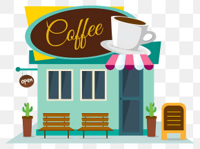 Coffee Shop - Colorful Coffee Shop With Cup Decoration In Cartoon Style PNG
