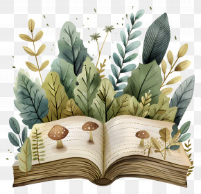 Cartoon Notebook - Storybook Surrounded By Enchanting Plants And Mushrooms PNG