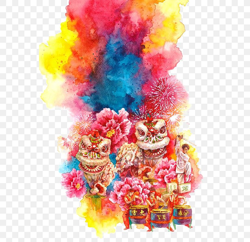 Chinese New Year Watercolor Painting Lion Dance Illustration, PNG, 564x793px, Chinese New Year, Art, Behance, Carnival, Clown Download Free