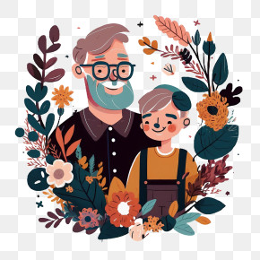 Father And Son - Illustration Of Grandfather And Grandson With Flowers PNG