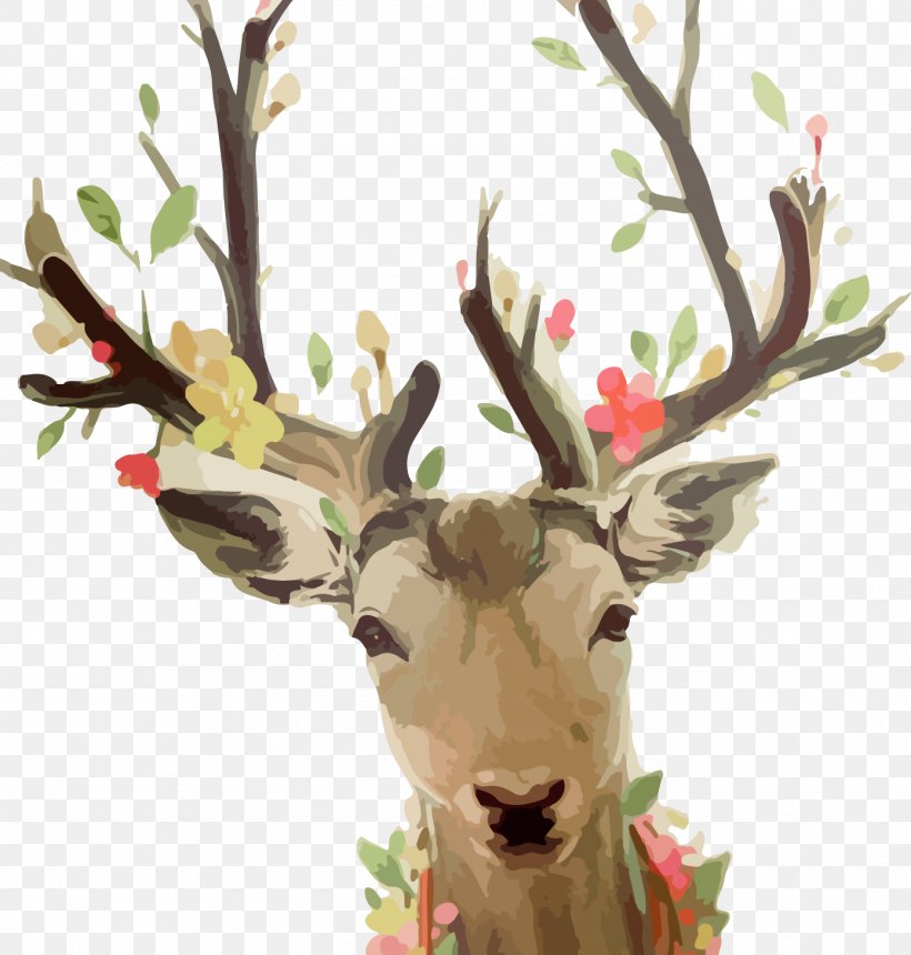 Reindeer Watercolor Painting Sika Deer, PNG, 1390x1459px, Deer, Antler, Cartoon, Horn, Poster Download Free