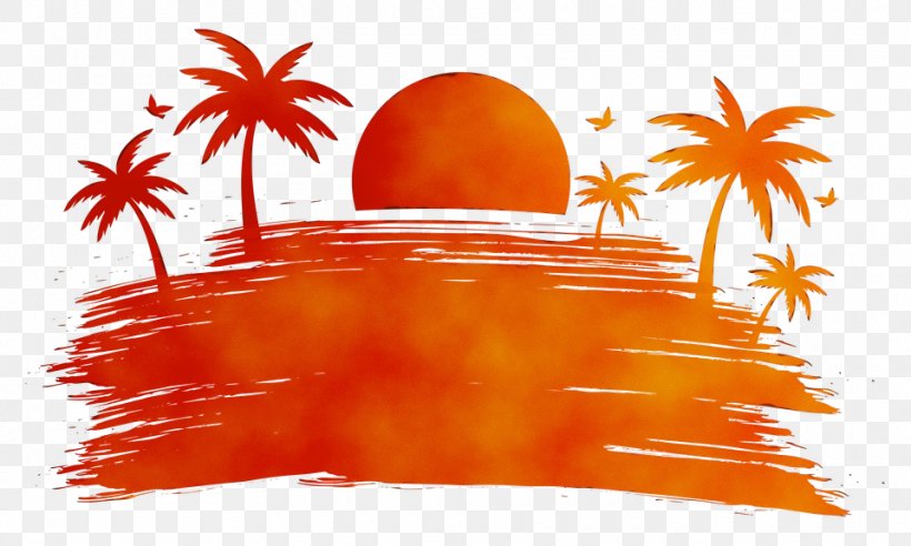 Summer Palm Tree, PNG, 960x576px, Watercolor, Drawing, Orange, Paint, Painting Download Free
