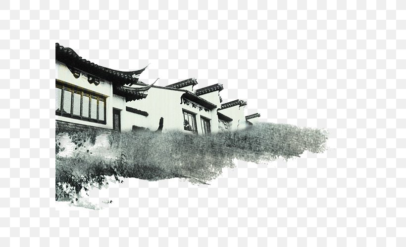 Ink Wash Painting Architecture Ink Brush, PNG, 595x500px, Ink Wash Painting, Architecture, Black And White, Chinoiserie, Designer Download Free