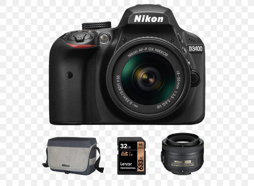 Nikon D3300 Digital SLR Nikon D3400 DSLR Camera With 18-55mm Lens (Black), PNG, 800x600px, Nikon D3300, Active Pixel Sensor, Camera, Camera Accessory, Camera Lens Download Free