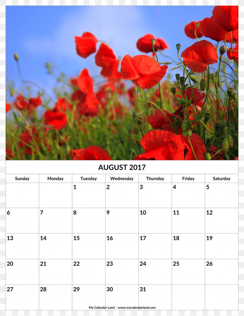 Poppy Calendar Nature 0 1, PNG, 2550x3300px, 2016, 2017, 2018, Poppy, August Download Free