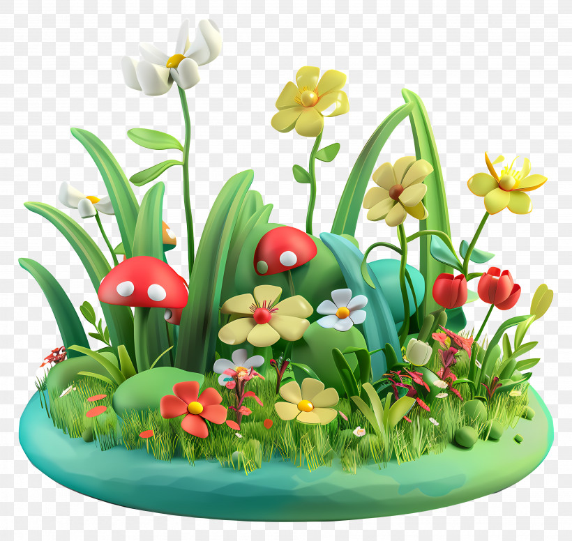 Spring Meadow - Colorful Flower Field With Mushrooms PNG