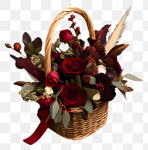 Rose Basket - Red Roses In Basket With Leaves PNG