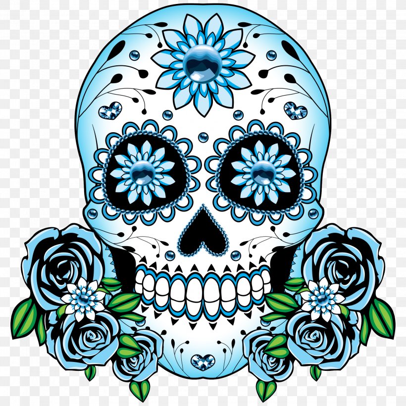 Calavera Skull Blue Day Of The Dead T-shirt, PNG, 2057x2057px, Calavera, Blue, Bone, Candy, Color Download Free