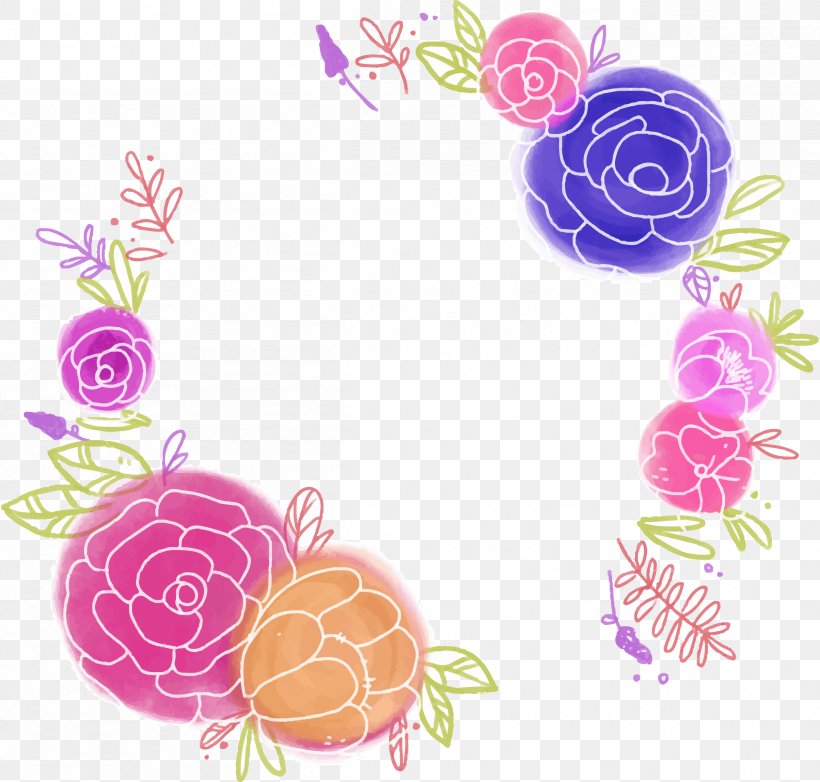 Watercolor Hand-painted Wreath, PNG, 2408x2298px, Rosa Multiflora, Floral Design, Flower, Magenta, Painting Download Free