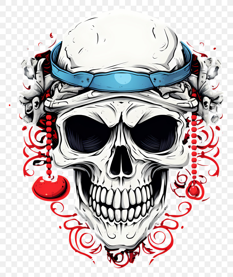 Doodle Cool Skull - Decorative Skull With Red Ornaments PNG