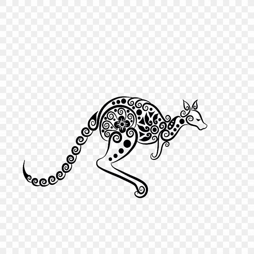 Kangaroo Tattoo Ornament Clip Art, PNG, 5000x5000px, Kangaroo, Big Cats, Black And White, Body Jewelry, Carnivoran Download Free