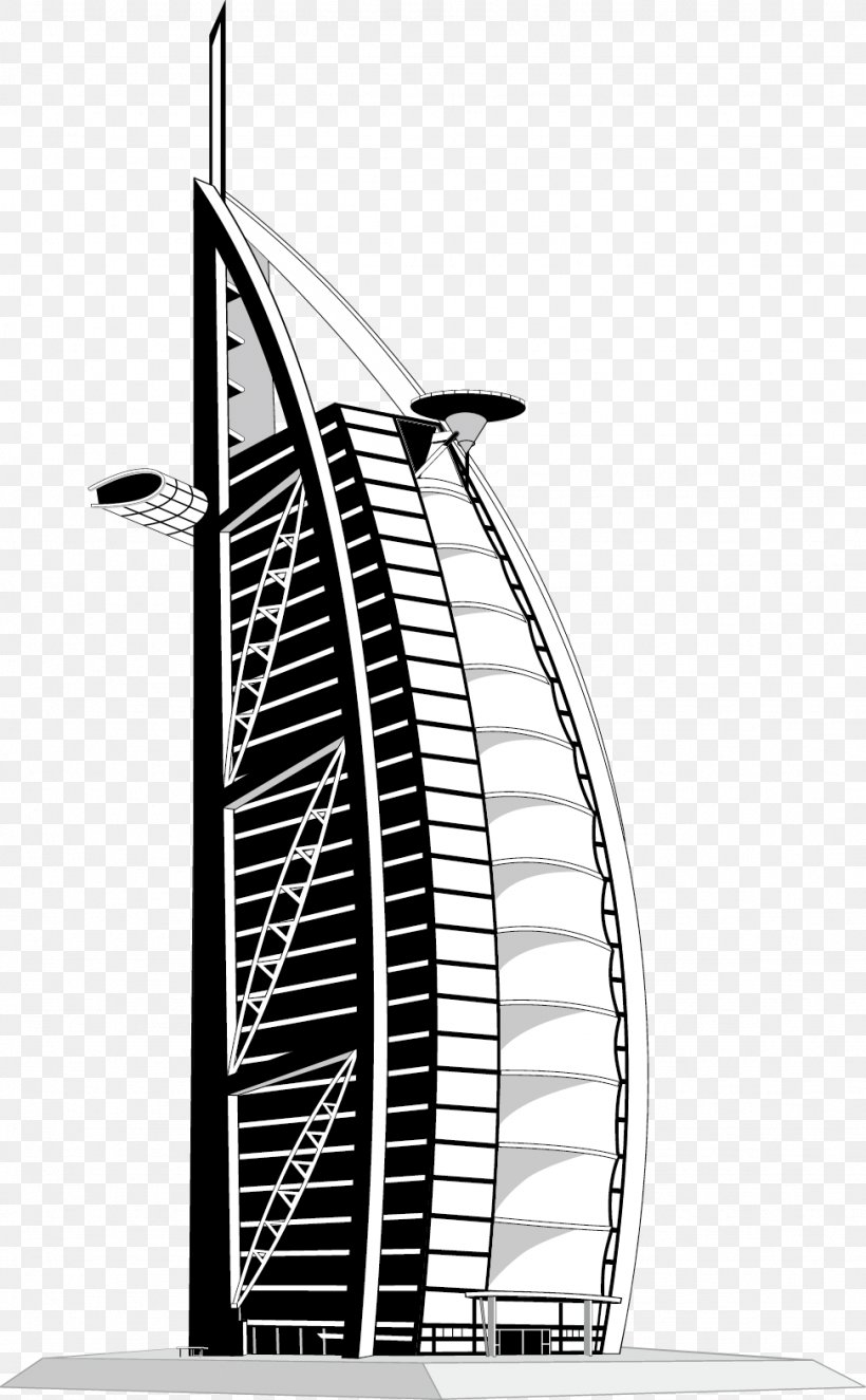 Burj Al Arab Burj Khalifa Hotel, PNG, 973x1573px, Burj Al Arab, Architecture, Black And White, Building, Burj Khalifa Download Free