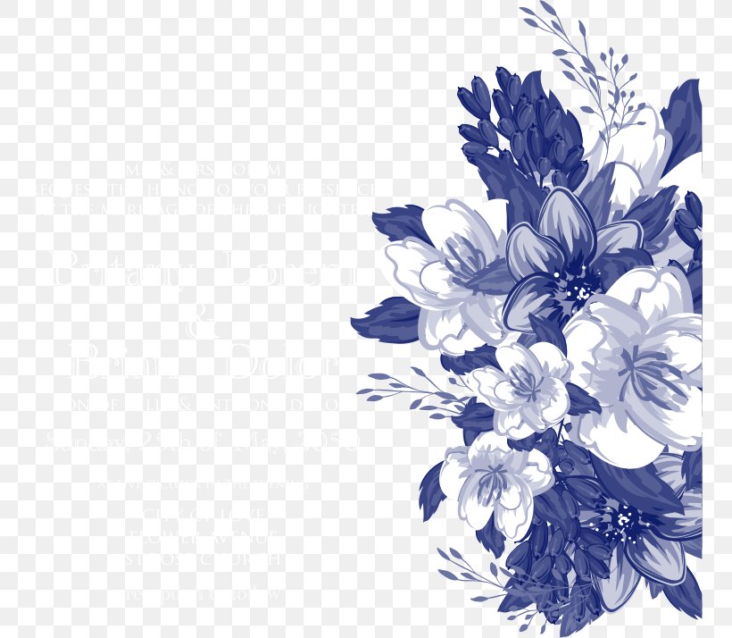 Wedding Invitation Floral Design Blue Flower, PNG, 755x714px, Wedding Invitation, Black And White, Blossom, Blue, Blue Flower Download Free
